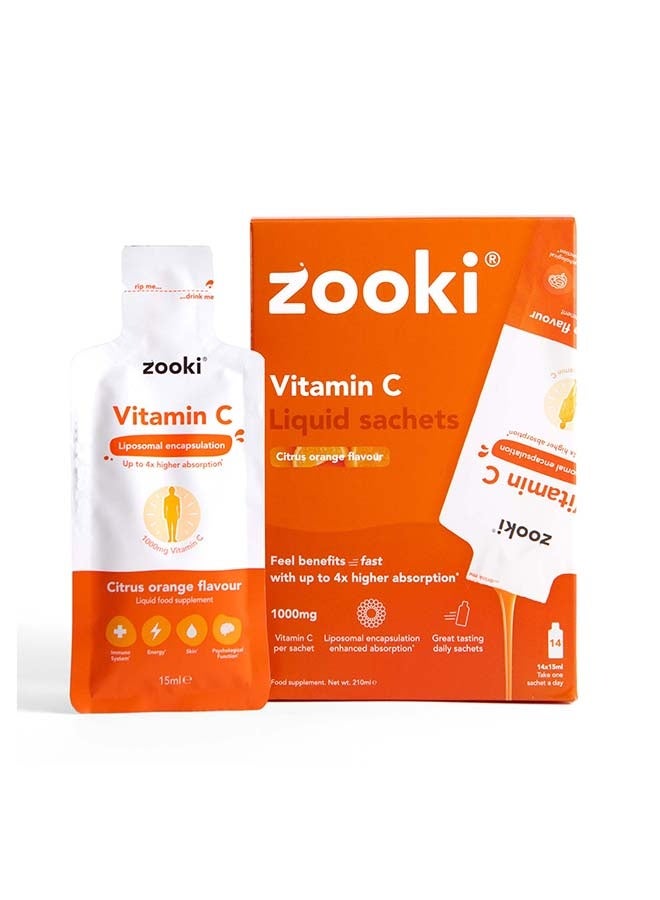 Zooki Liposomal Vitamin C 1000mg – Citrus Orange Flavor – High Absorption Liquid Sachets – Immune & Antioxidant Support – 14 Sachets - Image 1